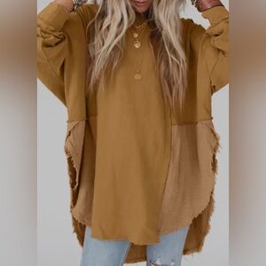 Oversized Two-Tone Tunic Top, Camel Brown, Long Sleeve, Distressed Hem